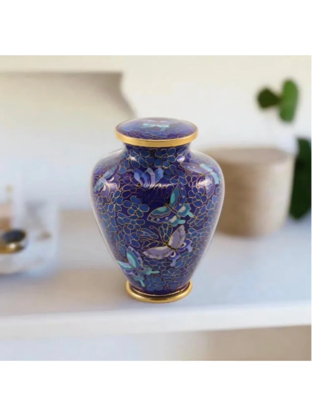 Blue Gold Cloisonne Butterfly Memorial Urn Small - Picture 1 of 16